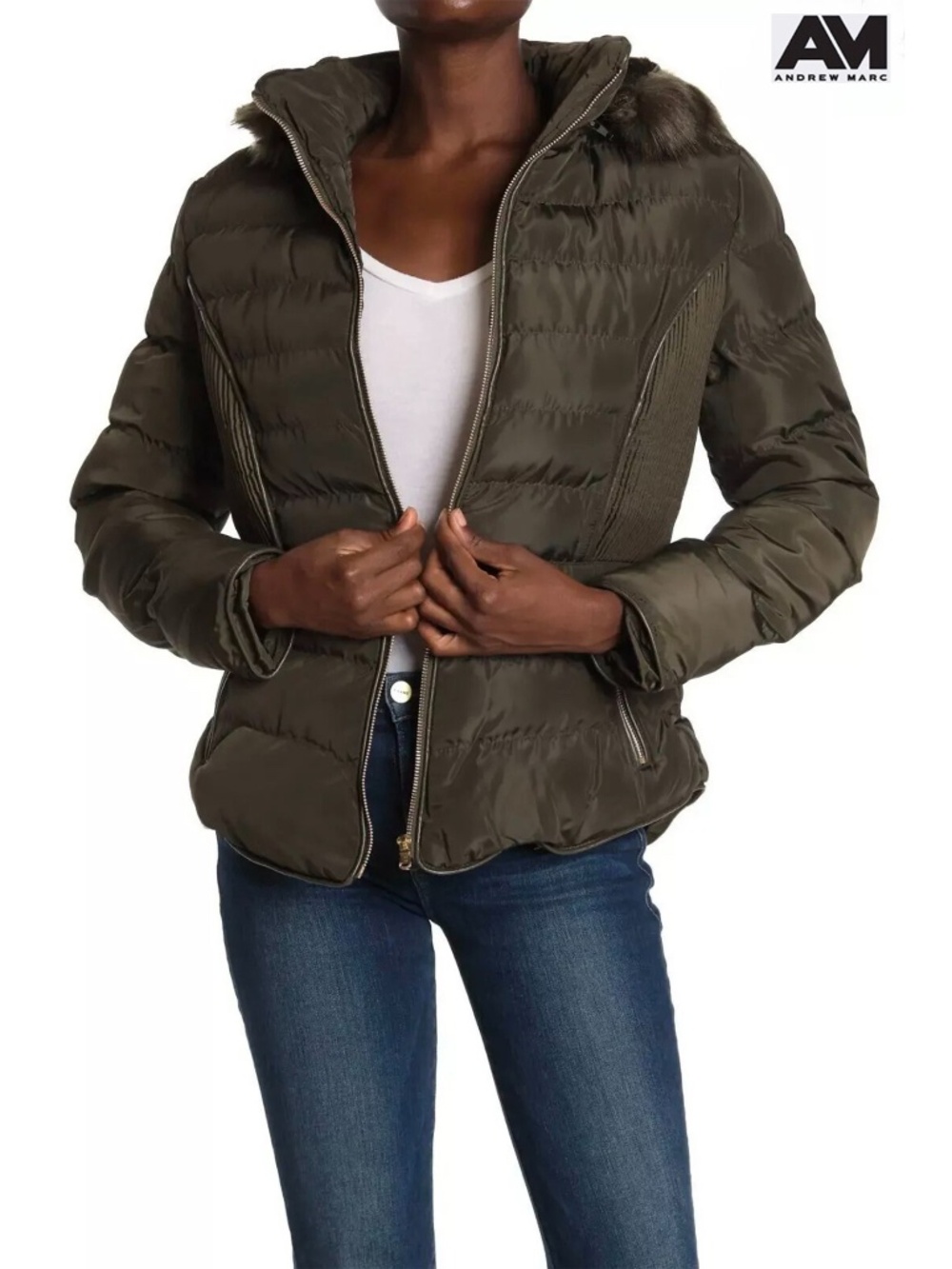 ANDREW MARC NWT QUILTED FAUX FUR HOODED SHORT OLIVE PUFFER JACKET. SIZE L